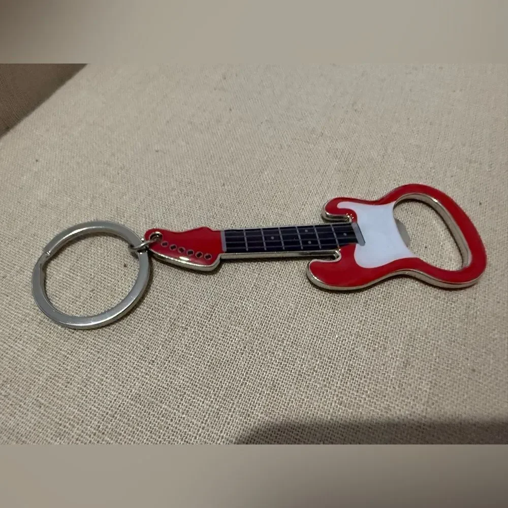 Guitar Bottle Opener Keychain Red & White – Rockin’ Accessory for Music Lovers